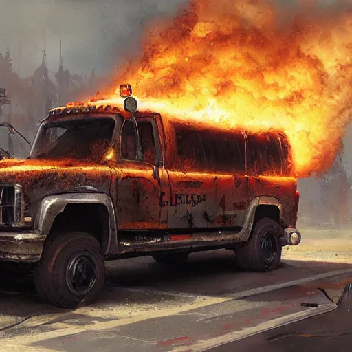 Image similar to rent - a - center truck on fire by greg rutkowski