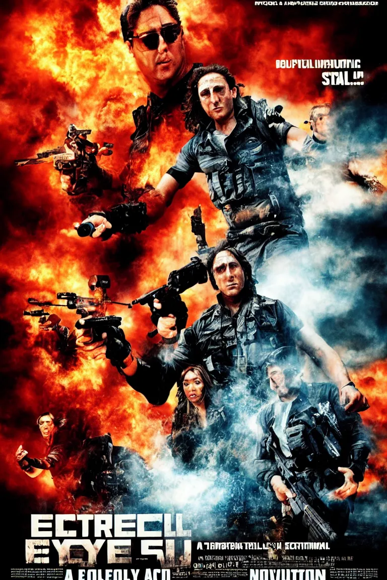 Image similar to a movie poster for an action film starring Steven Segel, explosive special effects, cinematic action sequences