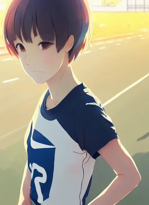 Image similar to portrait of high school runner girl, sunny sky background stadium landscape illustration concept art anime key visual trending pixiv fanbox by wlop and greg rutkowski and makoto shinkai and studio ghibli and kyoto animation symmetrical facial features short down hair sports clothing marathon race nike shirt realistic anatomy