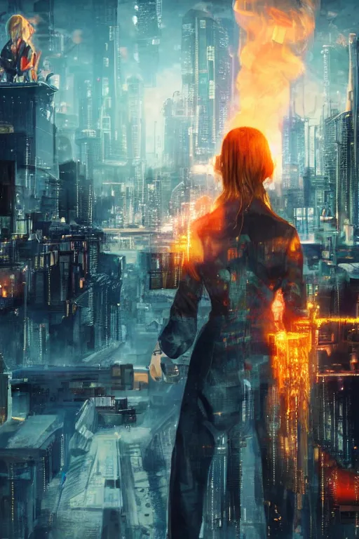 Image similar to in the foreground Saint Petersburg in cyberpunk, in the background a magnificent young blonde woman from behind playing with flames coming out of her hands wearing a long matrix-style jacket, realistic, high definition, many details, dramatic scene, symmetrical face, eyes realistic, art of Jock