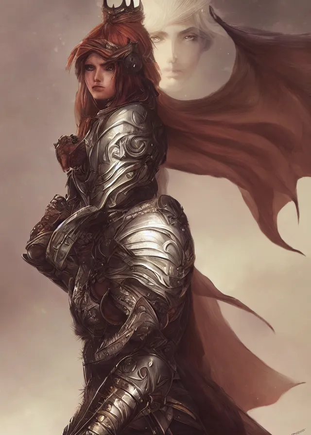 Prompt: a beautiful hyper realistic detailed epic concept art showing a noble knight women with her raccoon gardian above her, by artgerm, charlie bowater, in the style of dragon age, featured on artstation