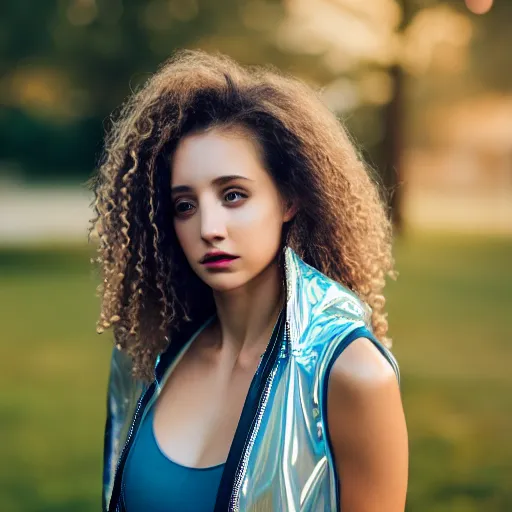 Image similar to selfie of a young woman, wearing a translucent and iridescent jacket over a tank top, curly long hair, caucasian, sigma 85mm f/1.4, 4k, depth of field, high resolution, 4k, 8k, hd, full color