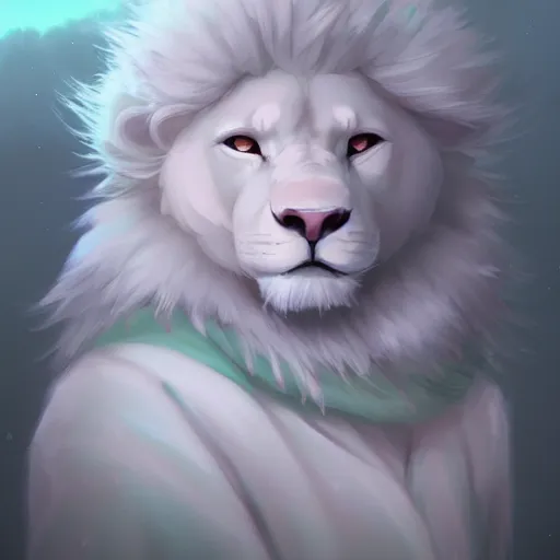 Image similar to aesthetic portrait commission of an albino male furry anthro lion wearing a cute mint colored, cozy, soft pastel winter outfit. winter atmosphere character design by charlie bowater, ross tran, artgerm, and makoto shinkai. art from furaffinity, weasyl, deviant art, and tumblr.