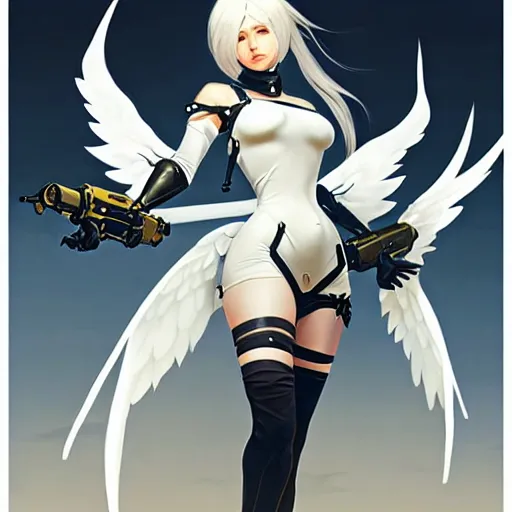 Image similar to greg manchess painting of a 2 yorha type a no. 2 as mercy from overwatch!! in a wartorn environment, white long hair, large white wings, organic painting, trending on artstation, by huang guangjian and gil elvgren and sachin teng
