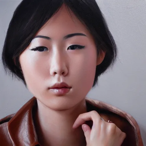 Prompt: perfect, realistic oil painting of close-up japanese young woman wearing leather jacket