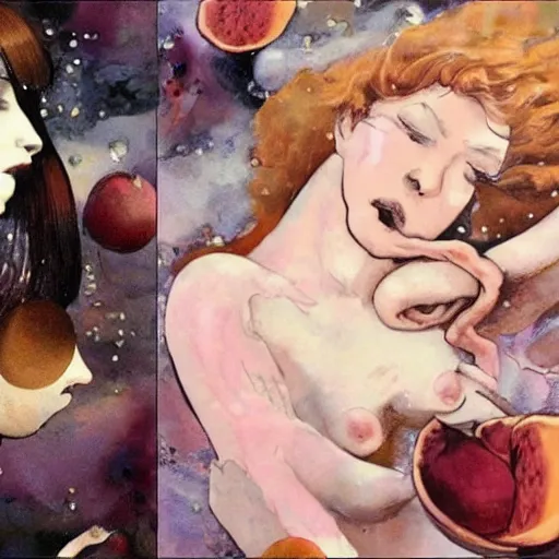 Image similar to A beautiful collage. In the dream, she is easting a peach, on Venus. The flesh is sweet and juicy, slightly bitter. It mingles with Sydan's taste in a delicious way. YouTube by Ashley Wood