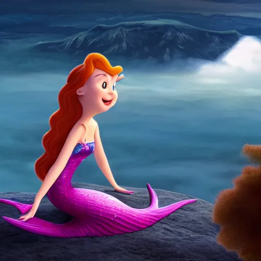 Prompt: a mermaid talking to a little girl on the top of a volcano and dense clouds above, disney, pixar, soft light