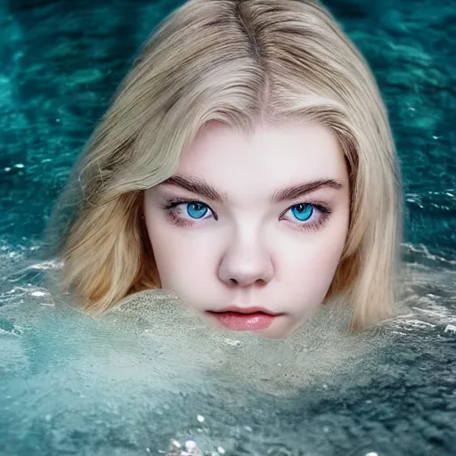 Image similar to a beautiful blonde girl like a angel of anya taylor - joy floating under the deep water, white petal, by personal photography, art by brookskim, closeup, 4 k, highly detailed, instagram,