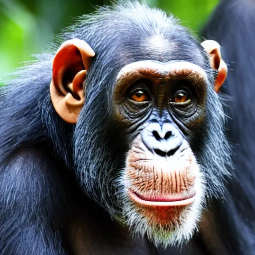 Prompt: a chimpanzee with a pensive look, wearing headphones