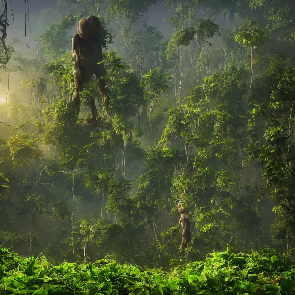 Image similar to giant anonymous statue, beautiful jungle landscape, beautiful vines growing, in the style of beeple and mike winkelmann, intricate, epic lighting, cinematic composition, hyper realistic, 8 k resolution, unreal engine 5, raytracing, reflections, happy colors