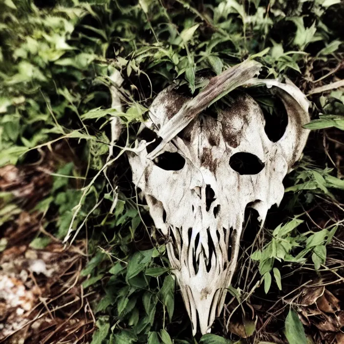 Prompt: overgrown foliage on a wolf skull, close - up, beautiful, lens flare, emotional, sweet