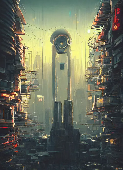 Image similar to a painting of a giant robot standing in front of a city, cyberpunk art by mike winkelmann, behance contest winner, nuclear art, dystopian art, apocalypse art, sci - fi