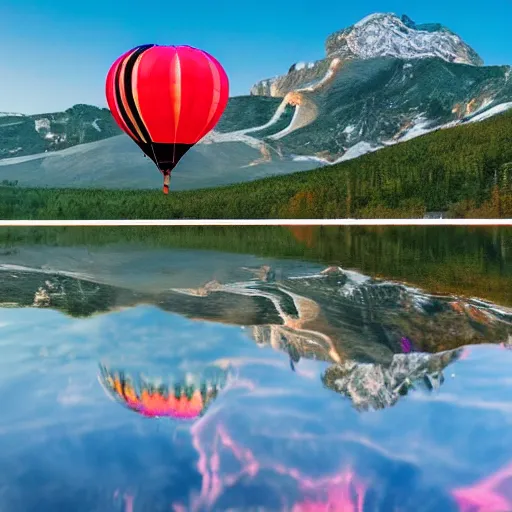 Image similar to photo of two black swans touching heads in a beautiful reflective mountain lake, a colorful hot air balloon is flying above reflecting off water, hot air balloon, intricate, 8k highly professionally detailed, centered, HDR, CGsociety