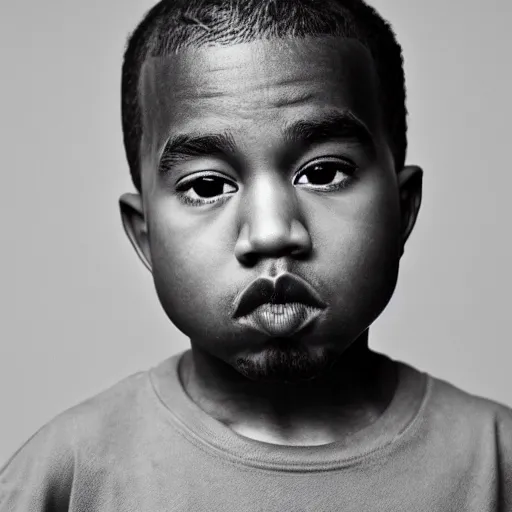 Image similar to the face of young kanye west wearing yeezy clothing at 3. 5 years old, black and white portrait by julia cameron, chiaroscuro lighting, shallow depth of field, 8 0 mm, f 1. 8