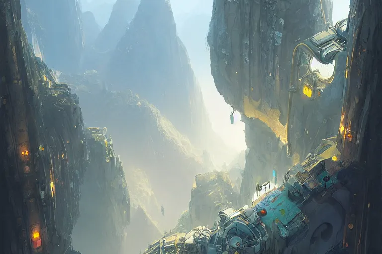Prompt: shiny glistening metallic pipes climbing up a mountain towards a mechanical abbey, digital art, artstationhq, by Jordan Grimmer and Victor Mosquera
