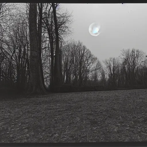 Image similar to taken using a film camera with 35mm expired film, bright camera flash enabled, cloudy sky with moon visible behind, slightly foggy, dark trees in the distance, award winning photograph, creepy, liminal space,