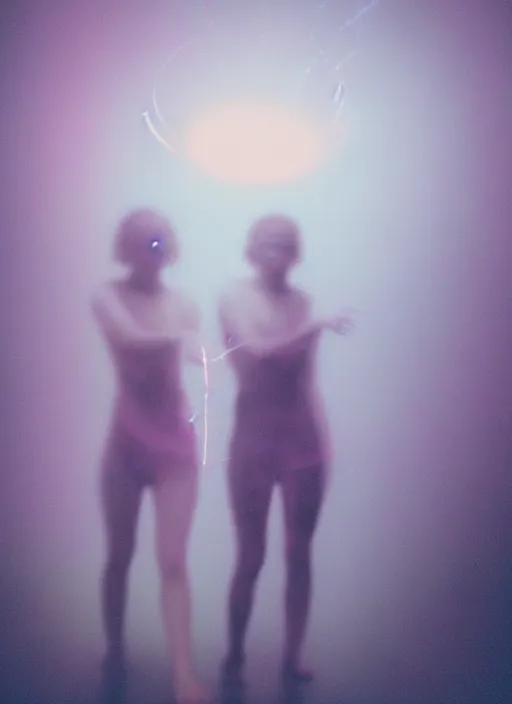 Prompt: symmetrical females ascending astral projection, liquid glowing aura, motion blur, long exposure, film grain, cinematic lighting, experimental film, shot on 1 6 mm