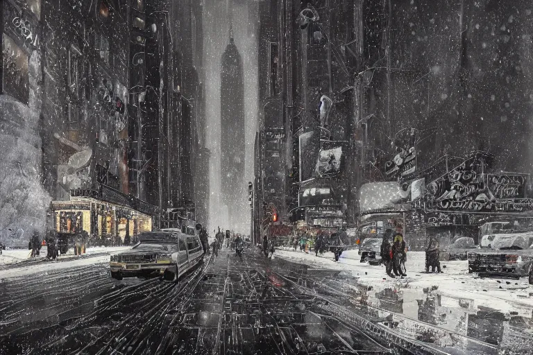 Prompt: New York city enveloped in ice, winter season, moody scene, highly detailed, intricate, sharp details, dystopian mood, 1950 scene by Victo ngai, David Rubín, Mike Mignola, Laurie Greasley ,gaston bussiere, craig mullins, somber lighting, drawn by Giacomo Burattini, inspired by graphic novel cover art, hyperrealistic, 8k by RHADS