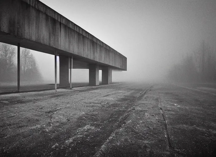 Image similar to High resolution black and white photograph with a 35mm F/22.0 lens of a Brutalist architectural building alone in the middle of a Russian wasteland in the 1980s in the middle of nowhere while foggy. Highly detailed Realistic, Refined, Highly Detailed, fine art fashion photography