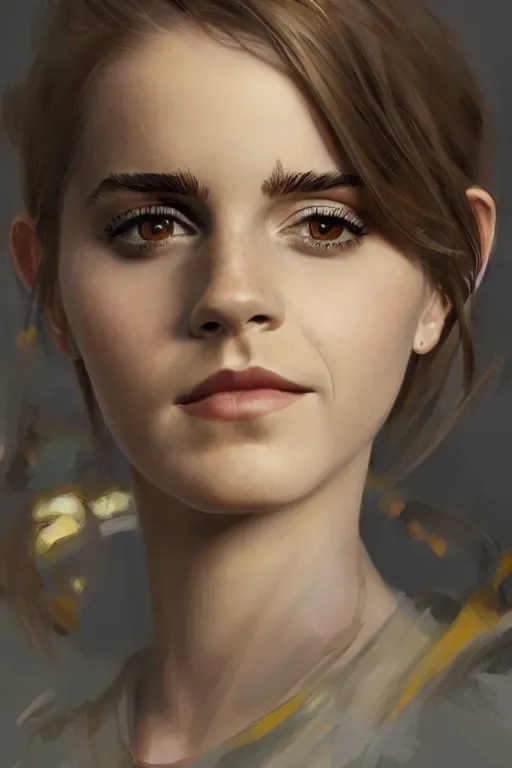 Image similar to a professionally painted portrait of a beautiful Emma Watson, clothed in military armor, olive skin, long dark hair, beautiful bone structure, symmetrical facial features, intricate, elegant, digital painting, trending on Artstation, concept art, smooth, sharp focus, illustration, from Metal Gear by Ruan Jia and Mandy Jurgens and Artgerm and William-Adolphe Bouguerea, award winning