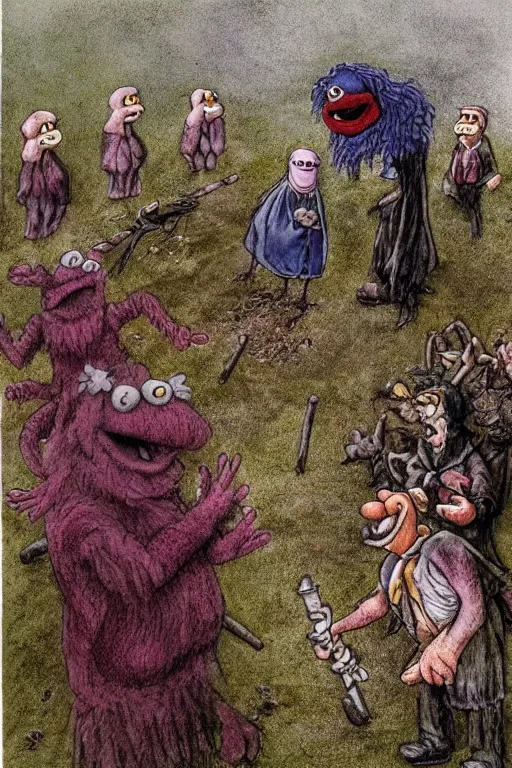 Image similar to sad muppet funeral, graveside, rain, outside, 1 9 8 0 s, creepy, scary, crying, grotty, ugly, terrified, brian froud