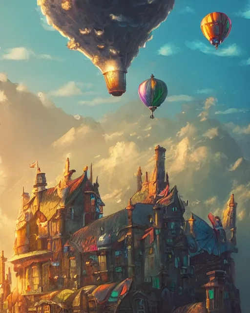Image similar to flying cloud castle, buildings, baloons, machines, bright, blue sky, mountains, colorful, cinematic lighting, fantasy, high detail, illustration, masterpiece, artstation, 4 k, art by wylie beckert