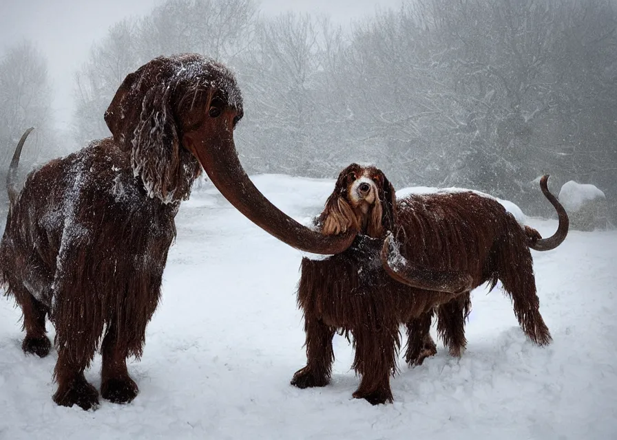 Prompt: Giant woolly dachshund with mammoth tusks, in the middle of a snow storm