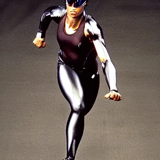 Image similar to Trinity the matrix, Female sprinter in athletic attire with cyborg legs, metal body, diesel punk, athletic footage, 1980's, olympics, cinematic, art deco