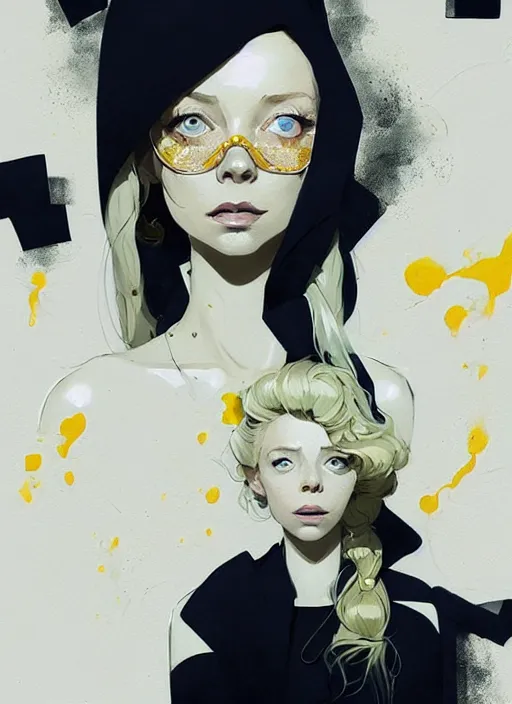 Image similar to highly detailed closeup portrait of beautiful portia doubleday, blonde wavy hair, angela moss, white suit by atey ghailan, by greg rutkowski, by greg tocchini, by james gilleard, by joe fenton, by kaethe butcher, gradient yellow, black and white color scheme, grunge aesthetic!!! ( ( graffiti tag wall background ) )