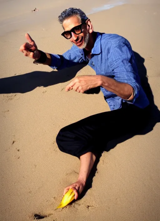 Image similar to jeff goldblum with a finger in a banana on the sand of a beach