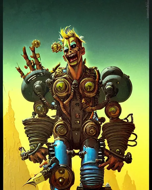 Prompt: junkrat from overwatch, character portrait, portrait, close up, concept art, intricate details, highly detailed, vintage sci - fi poster, in the style of chris foss, rodger dean, moebius, michael whelan, and gustave dore