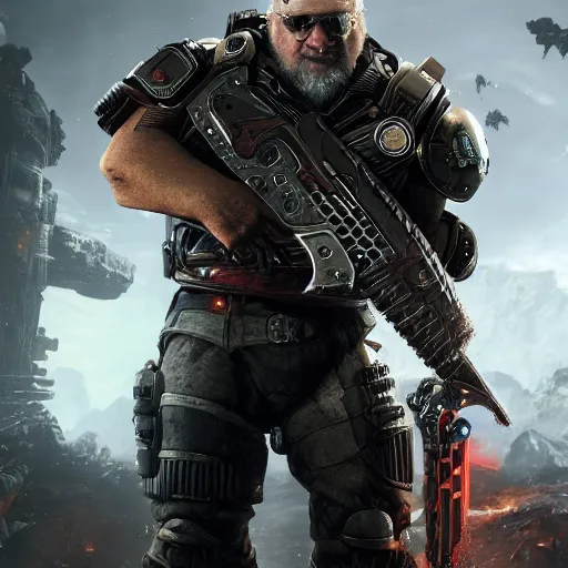 Prompt: george r. r. martin in gears of war destiny 2 overwatch witcher 3 god of war tomb raider cyberpunk 2 0 7 7 doom, highly detailed, extremely high quality, hd, 4 k, professional photographer, 4 0 mp, lifelike, top - rated, award winning, realistic, detailed lighting, detailed shadows, sharp, edited, corrected, trending