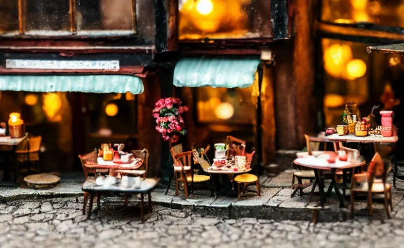 Image similar to miniature cafe diorama macro photography, cafe for mice, alleyway, ambient, atmospheric, british, bokeh, romantic, colorful paper lanterns