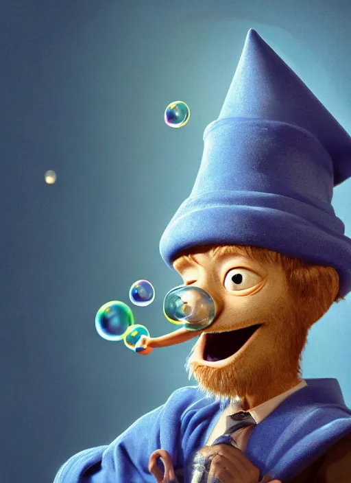 Image similar to an anthropomorphic beautiful male wizard portrait blowing bubbles wearing blue robe, fine art, award winning, intricate, elegant, sharp focus, octane render, hyperrealistic, wizard hat cinematic lighting, highly detailed, digital painting, 8 k concept art, art by jamie hewlett and z. w. gu, masterpiece, trending on artstation, 8 k