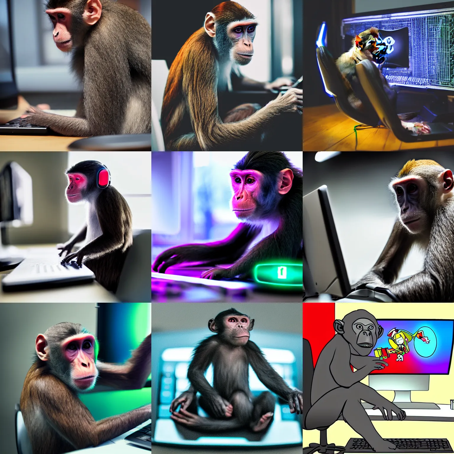 Prompt: gamer monkey sitting at computer, rgb