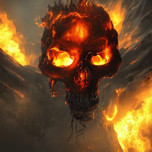 Image similar to A firey, hellish world with black ivory skeletons, dynamic lighting, cinematic, ultra detailed, creative, stunning visuals, hyperrealism, trending on art station