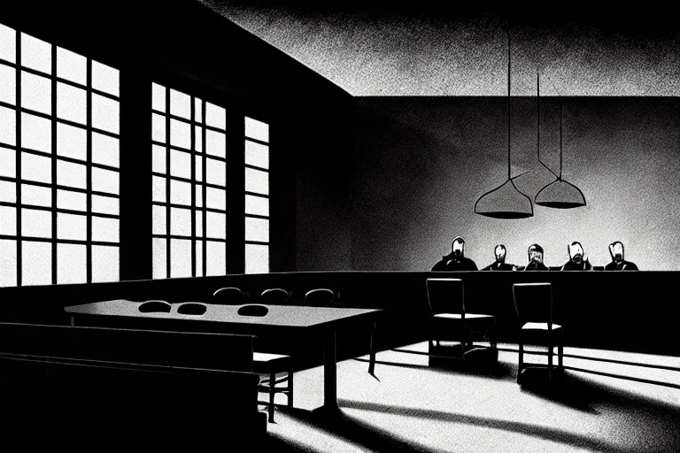 Image similar to editorial illustration by Karolis Strautniekas and Mads Berg, courtroom the bench, fine texture,detailed, matte colors,film noir, dramatic lighting, dynamic composition,moody