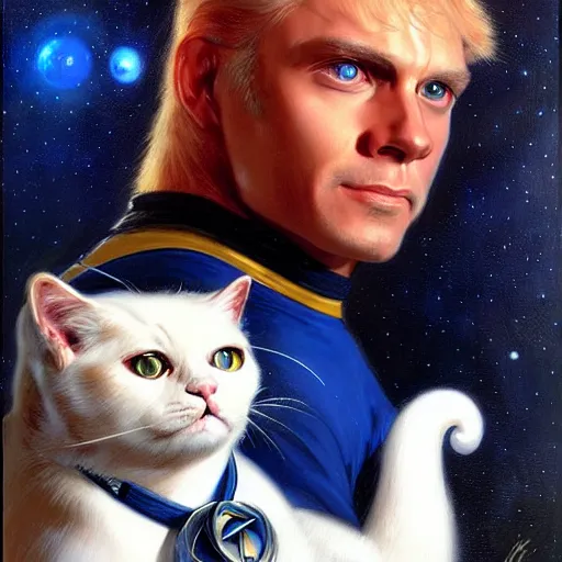 Prompt: a portrait of a manly dr crusher white cat feline, blue eyes, star trek the next generation. highly detailed painting by gaston bussiere, craig mullins, j. c. leyendecker, furry