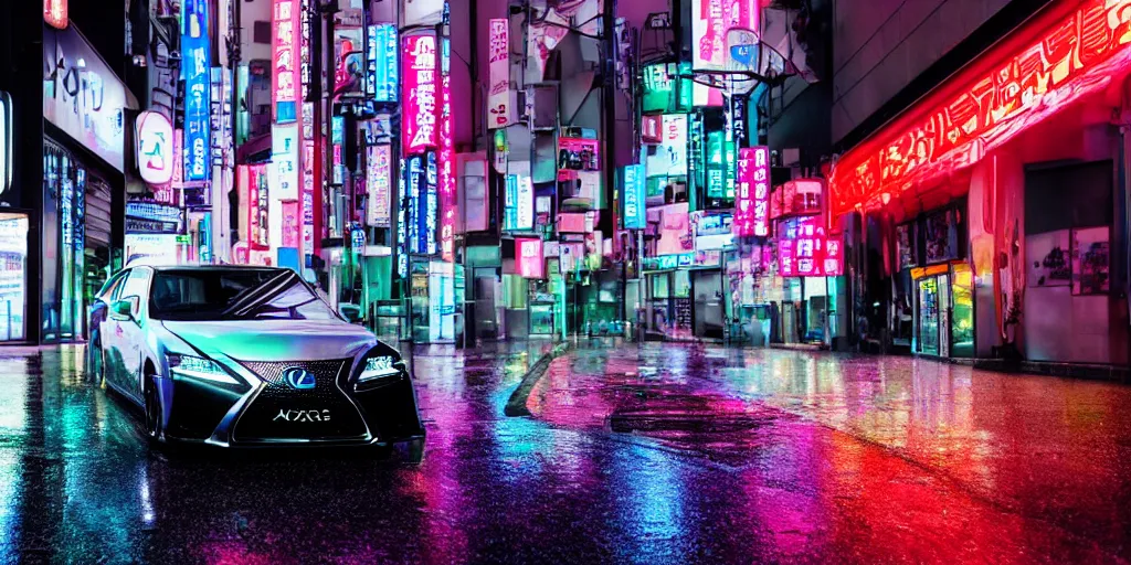 Prompt: tokyo vaporwave black lexus ct 2 0 0 h origami neon signs raining, hyper realisitic wet pavement