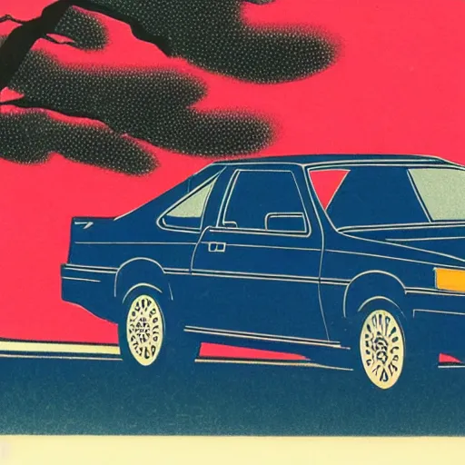 Prompt: japanese woodblock print of a 1 9 8 0 honda civic,