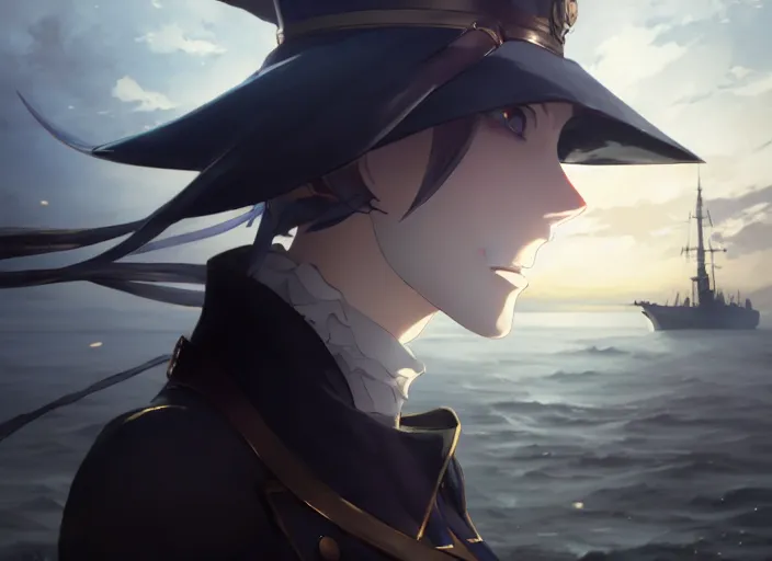 Image similar to side portrait of lady maria, helm of second world war warship in background, illustration concept art anime key visual trending pixiv fanbox by wlop and greg rutkowski and makoto shinkai and studio ghibli and kyoto animation, symmetrical facial features, astral witch clothes, modern warfare, realistic anatomy, gapmoe yandere grimdark, volumetric lighting, backlit