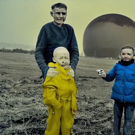 Image similar to selfie of the last surviving ukrainian with children, wild pain and damage to the body burns alive to the bone, painted in dirty yellow - blue colors, a huge nuclear explosion is approaching in the background, a very detailed photo