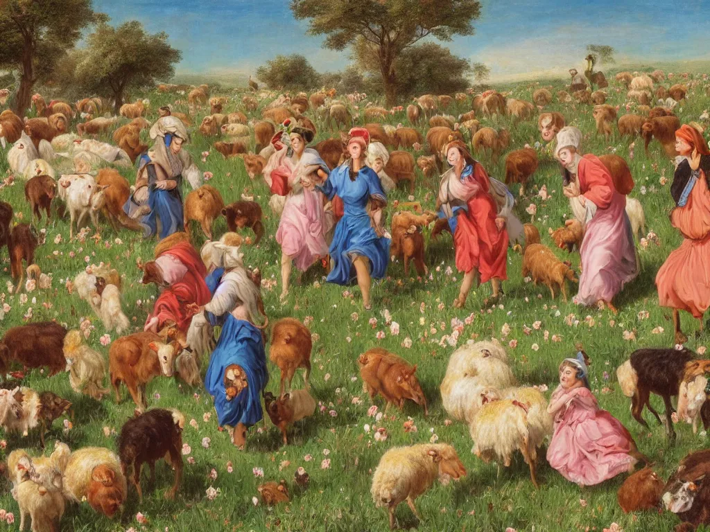 Image similar to group of social media celebrities being herd in a popcorn and candy field by a shepherd