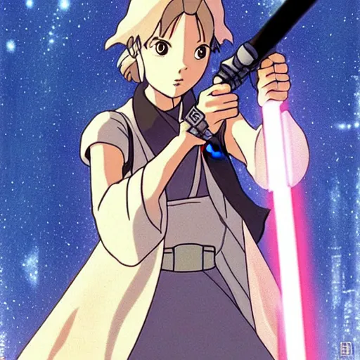 Image similar to a young jedi woman with a lightsaber, from studio ghibli!!!'s star wars anime, by hayao miyazaki sci - fi, animation