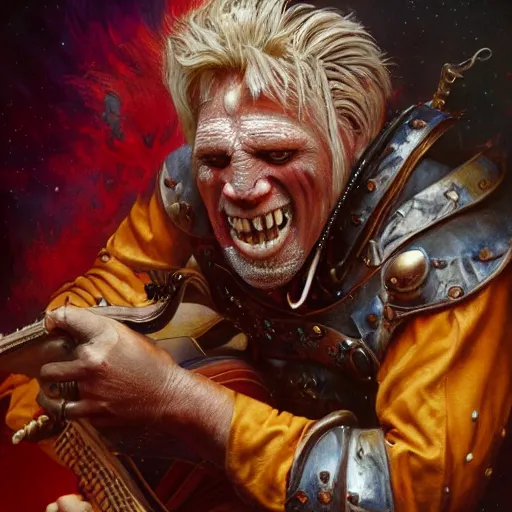 Image similar to detailed photo of a orc bard portrayed by Gary Busey witha lute, 8k,by Tristan Eaton, Stanley Artgermm, Tom Bagshaw, Greg Rutkowski, Carne Griffiths, trending on DeviantArt, face enhance, hyper detailed ,full of color, dramatic lightning, epic stance