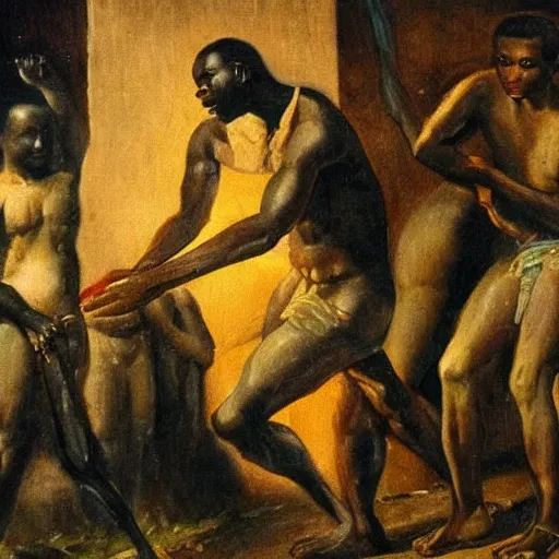 Image similar to painting of black slaves being freed from chains and shackles, detail, lighting