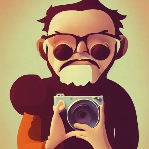 Image similar to cute cartoon character, curled perspective, digital art, baby girl, smiling beard grandpa taking photo, old photo camera, anton fadeev