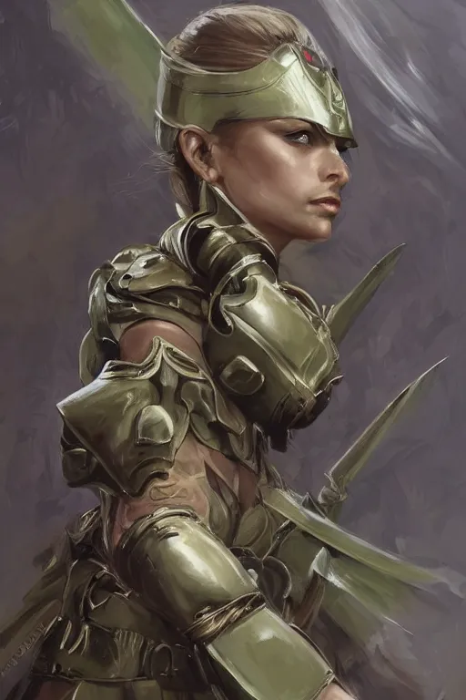 Image similar to a professional portrait of a young female warrior, clothed in military-style battle armor, olive skin, long dark hair, beautiful bone structure, symmetrical facial features, green eyes, intricate, elegant and graceful, digital painting, concept art, smooth, sharp focus, illustration, finely detailed, from Metal Gear by Ruan Jia and Mandy Jurgens and Artgerm and William-Adolphe Bouguerea, award winning art, trending on Artstation