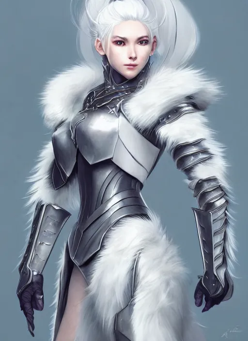 Image similar to fur - lined armor!!! beautiful and elegant white haired female!! gorgeous ayes!! character concept art, sharp focus, octane render! unreal engine 5! highly rendered!! trending on artstation!! detailed linework!! illustration by artgerm, wlop and ayami kojima