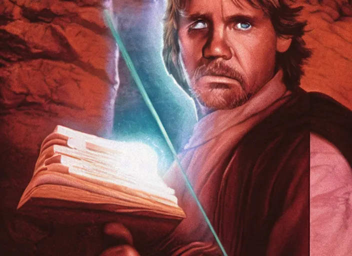 Image similar to detailed photo of Luke skywalker uncovering the secrets of the ancient jedi texts. a glowing book with infinite knowledge, the oracle speaks, a dark pink hazy ethereal cave from Indiana jones, adventure film, screenshot from the 1983 film, Photographed with Leica Summilux-M 24 mm lens, ISO 100, f/8, Portra 400